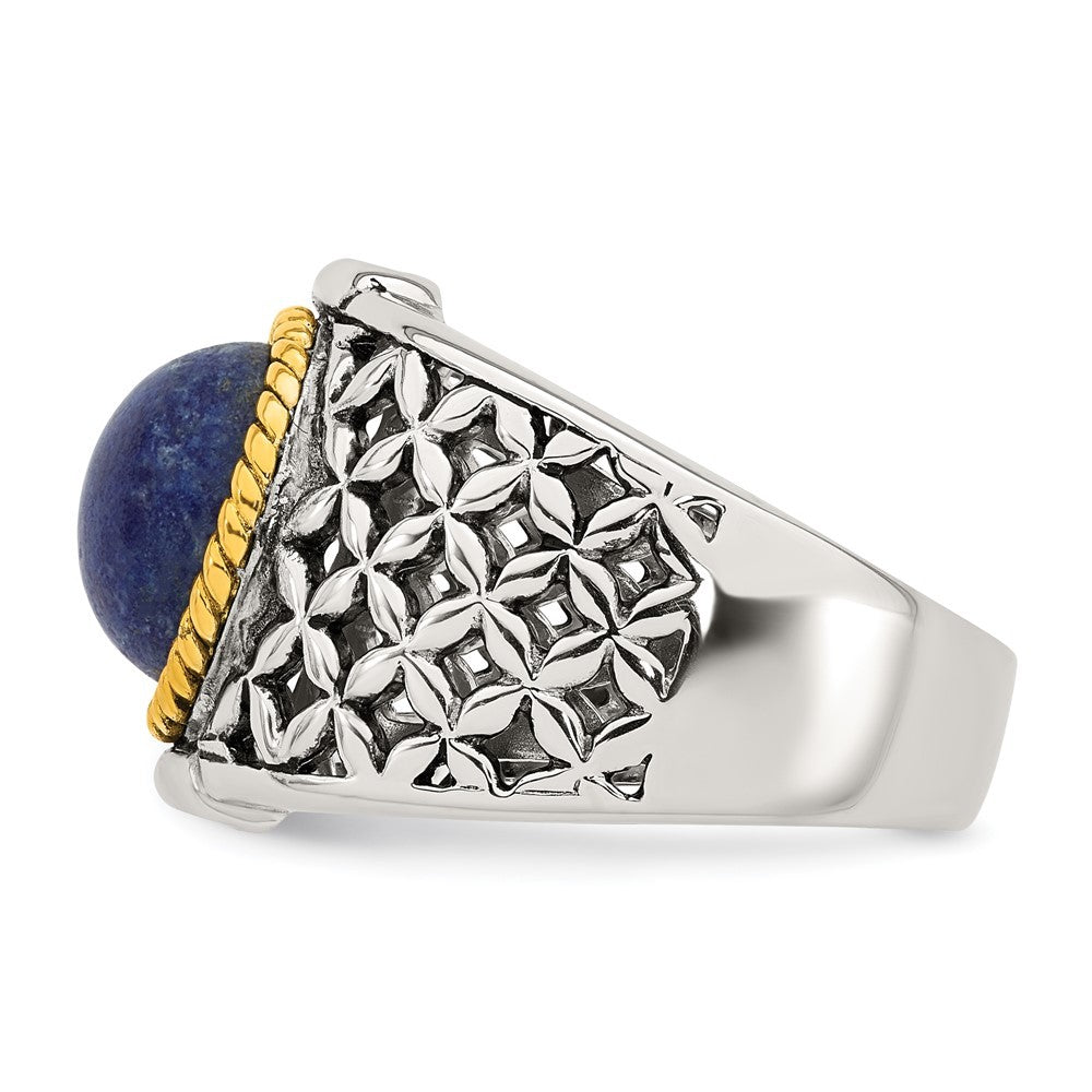 Sterling Silver Antiqued Gold Accent Lapis Cabochon Woven Pattern Ring Sz 8