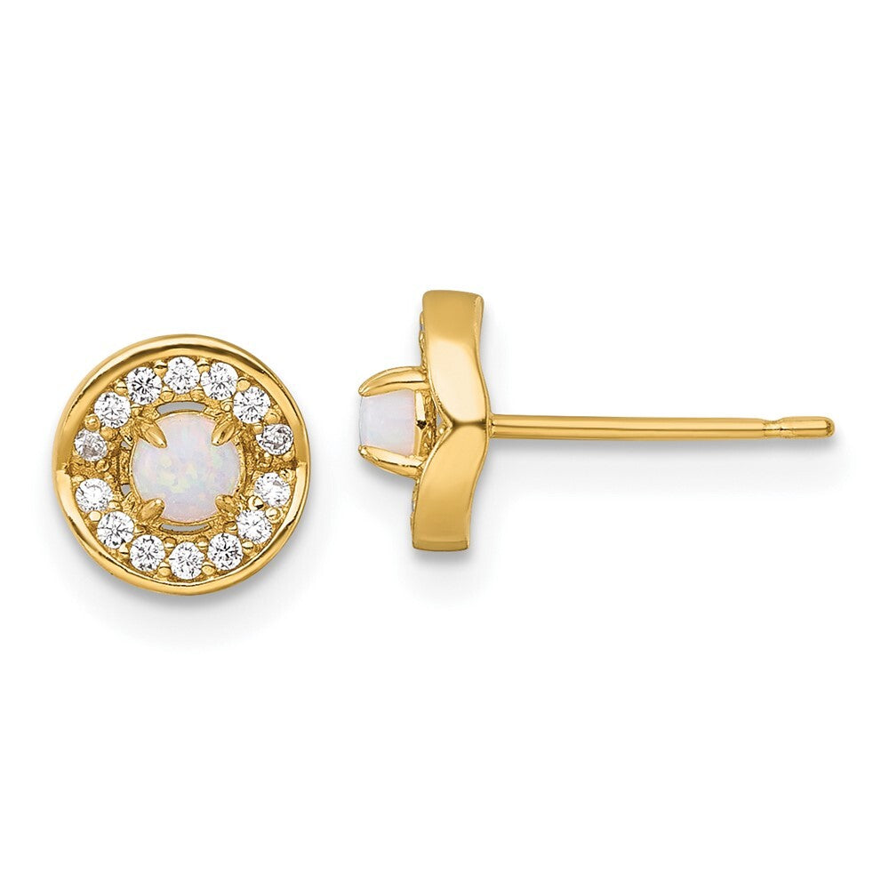 14k Yellow Gold Polished Opal and Cubic Zirconia Stud Earrings Gift for Women