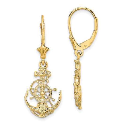 14k Yellow Gold 2-D Anchor and Wheel Drop Dangle Earrings