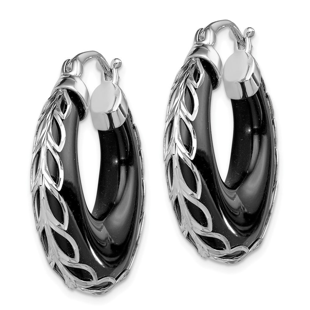 Sterling Silver Rhodium-plated Polished & Diamond-Cut Onyx Round Hoop Earrings