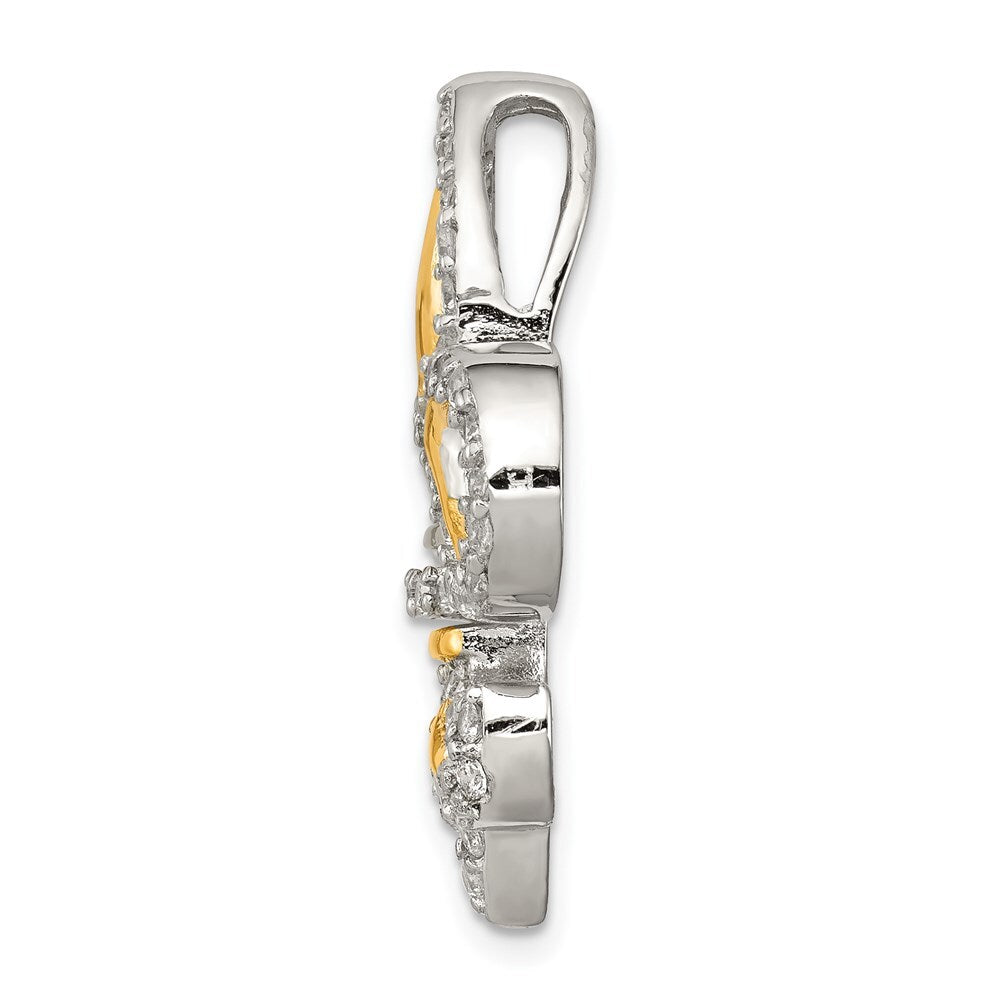 Sterling Silver Cubic Zirconia Fleur de Lis Gold-Plated Chain Slide Pendant