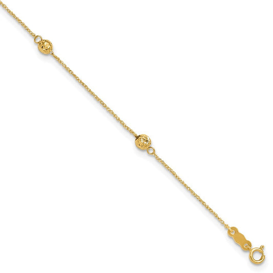 14k Yellow Gold Diamond-cut Beads 5-Station Bead Dangle Extender  10" Anklet