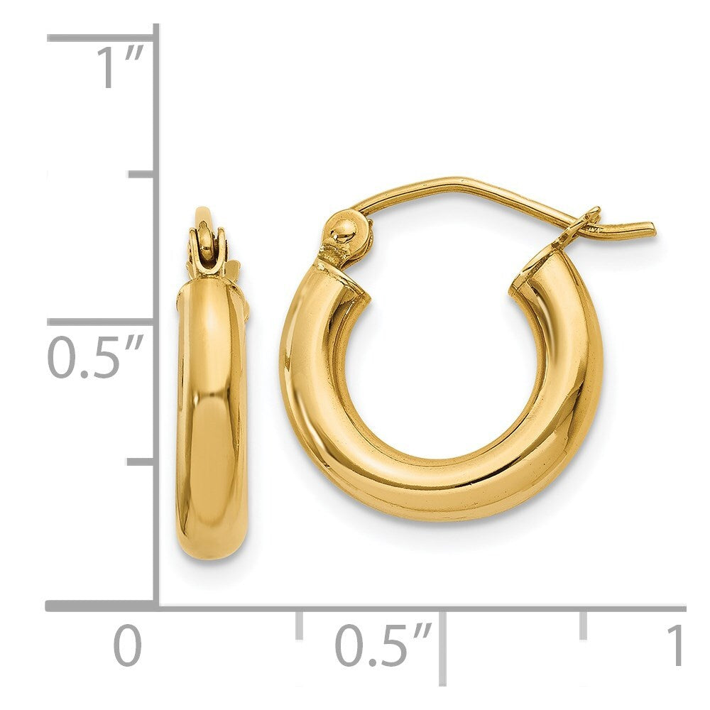 14k Yellow Gold Polished 3mm Tube Hoop Earrings Gift for Women