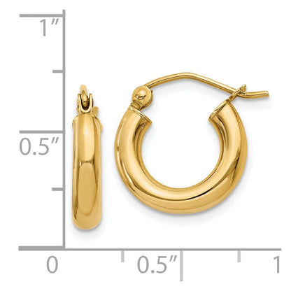 14k Yellow Gold Polished 3mm Tube Hoop Earrings Gift for Women