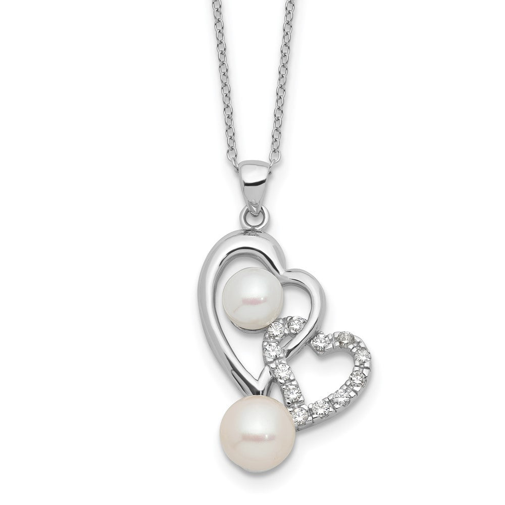 Sterling Silver 6mm Button Cultured Pearl and CZ Double Heart Necklace 17"