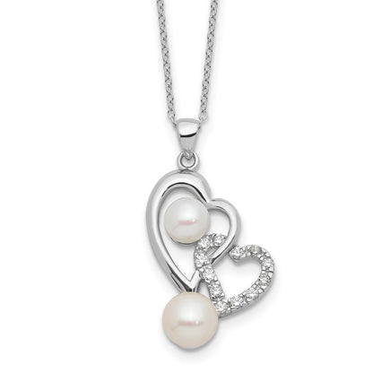 Sterling Silver 6mm Button Cultured Pearl and CZ Double Heart Necklace 17"