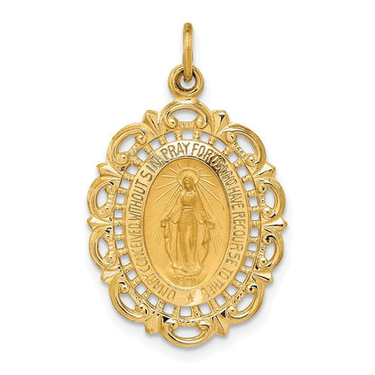 14k Yellow Gold Solid Polished/Satin Fancy Pierced Oval Miraculous Medal Pendant