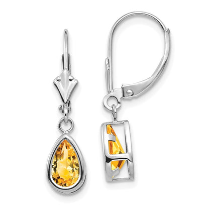 14k White Gold 8x5mm Pear Citrine Dangle Earrings Leverback Gift for Women