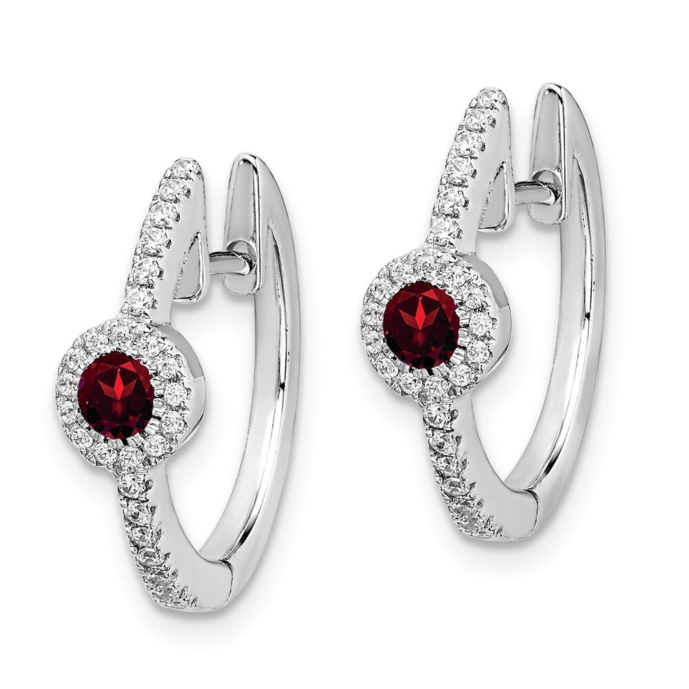 14k White Gold Diamond and Cabochon Garnet Hoop Earrings