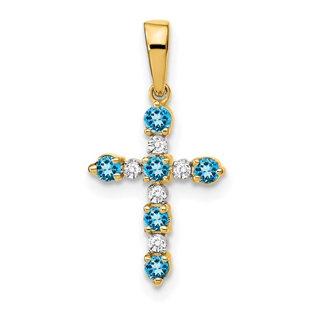 14k Yellow Gold Blue Topaz and Diamond Cross Pendant for Women