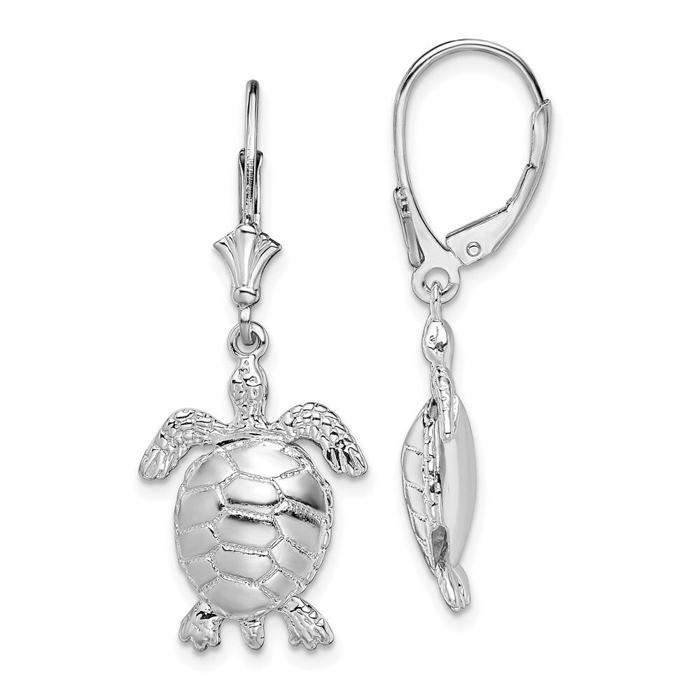 Sterling Silver Rhodium-plated Polished 3D Moveable Turtle Leverback Earrings