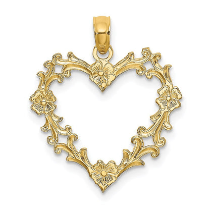 14k Yellow Gold Cut-Out Floral Heart Charm Pendant for Women
