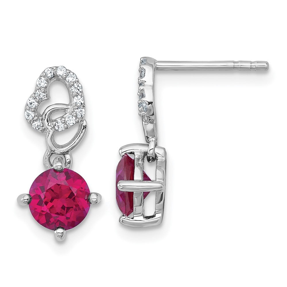 Sterling Silver Polished Round Lab Created Ruby and CZ Heart Dangle Earrings