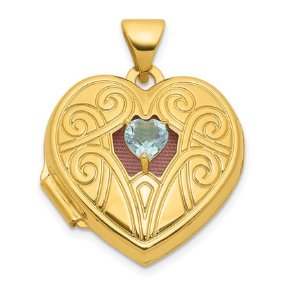 14k Yellow Gold Polished Blue Topaz December 18mm Heart Locket Pendant