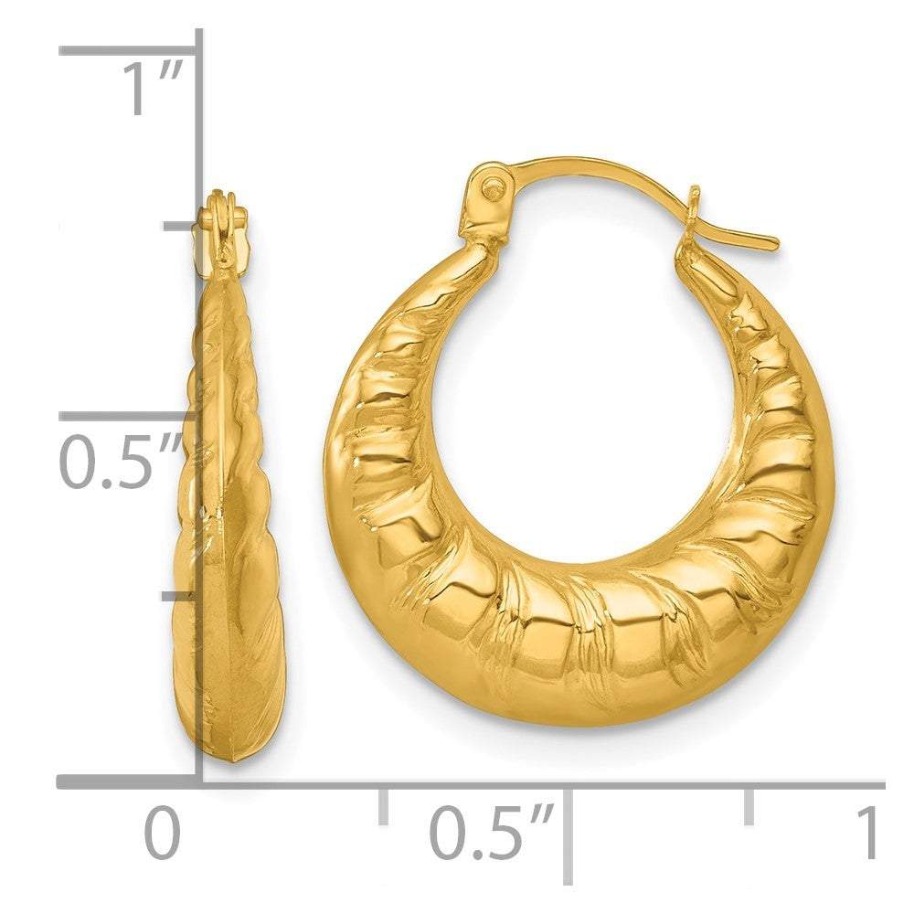 14k Yellow Gold Polished and Textured Scalloped Hollow Hoop Earrings