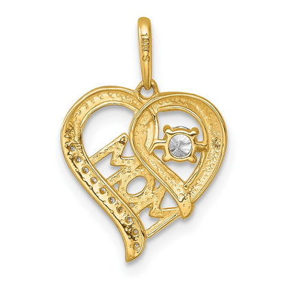 14k Yellow Gold Polished White CZ MOM Open Heart Charm Pendant