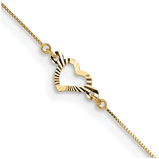 14k Yellow Gold Diamond-cut Open Heart 3-Station 10" Anklet