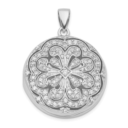 Sterling Silver Rhodium-plated Cubic Zirconia Flower Design 22mm Locket Pendant