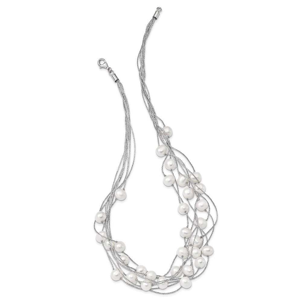Sterling Silver 8-10mm White Semi-Round Cultured Pearl Multi Strand 18" Necklace