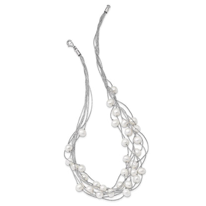 Sterling Silver 8-10mm White Semi-Round Cultured Pearl Multi Strand 18" Necklace
