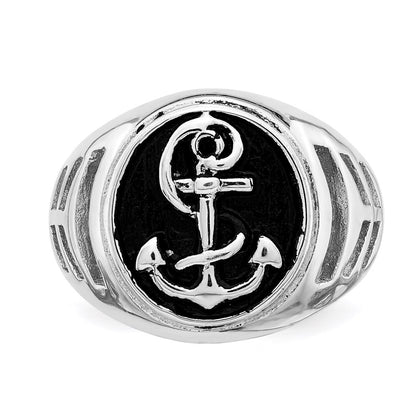 Sterling Silver Rhodium-plated & Antiqued Plated Anchor Ring Size 9