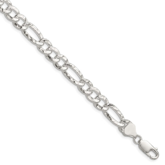 Sterling Silver 7.6mm Hammered Figaro Chain Bracelet