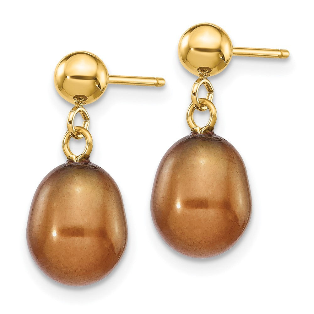 14k Yellow Gold 7-8mm Brown Rice Freshwater Cultured Pearl Dangle Earrings