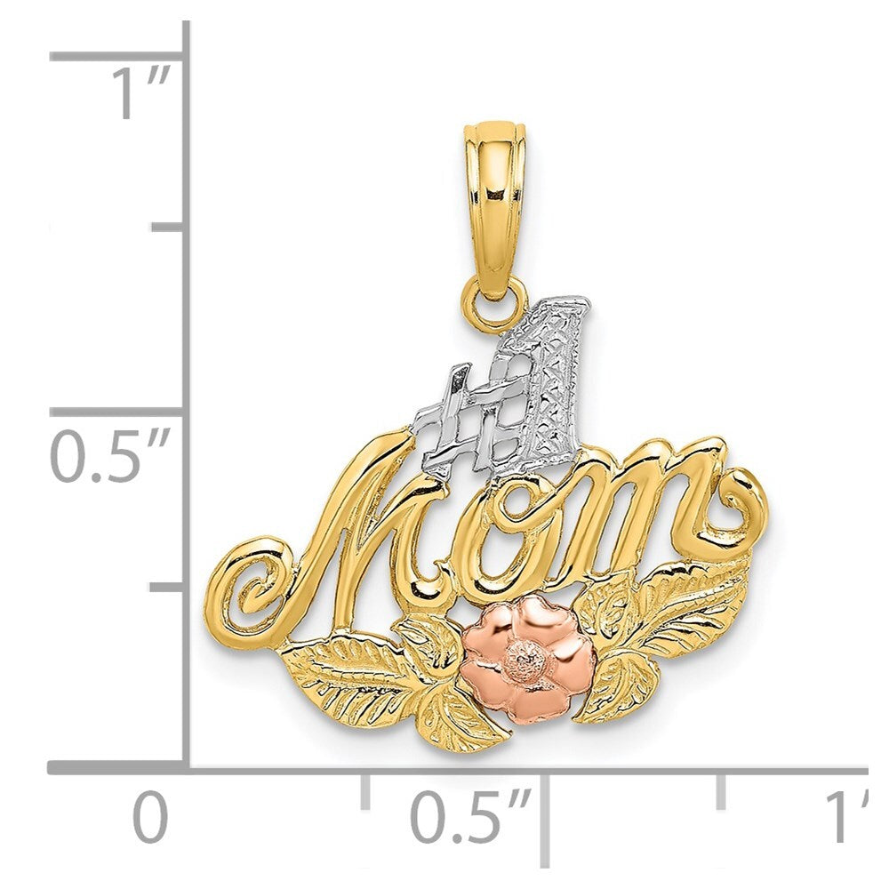 14k Two-tone Gold White Rhodium #1 MOM  Flower Charm Pendant
