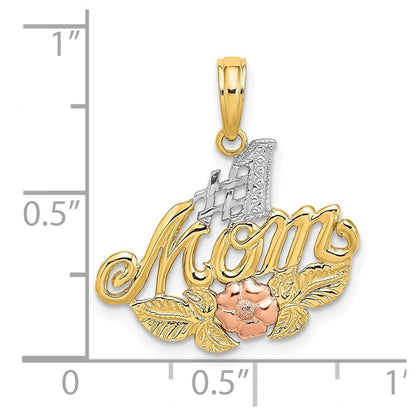 14k Two-tone Gold White Rhodium #1 MOM  Flower Charm Pendant