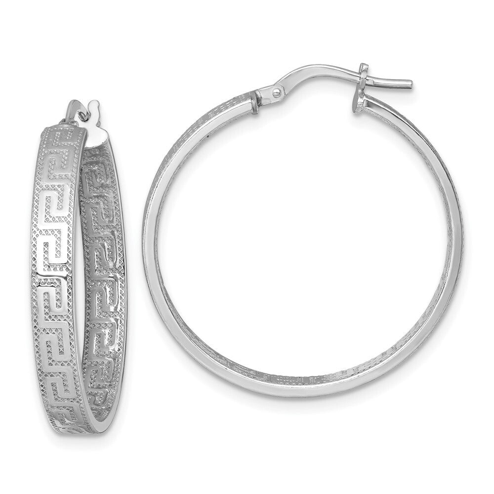Sterling Silver RH-plated Polished Textured Greek Key Hoop Earrings