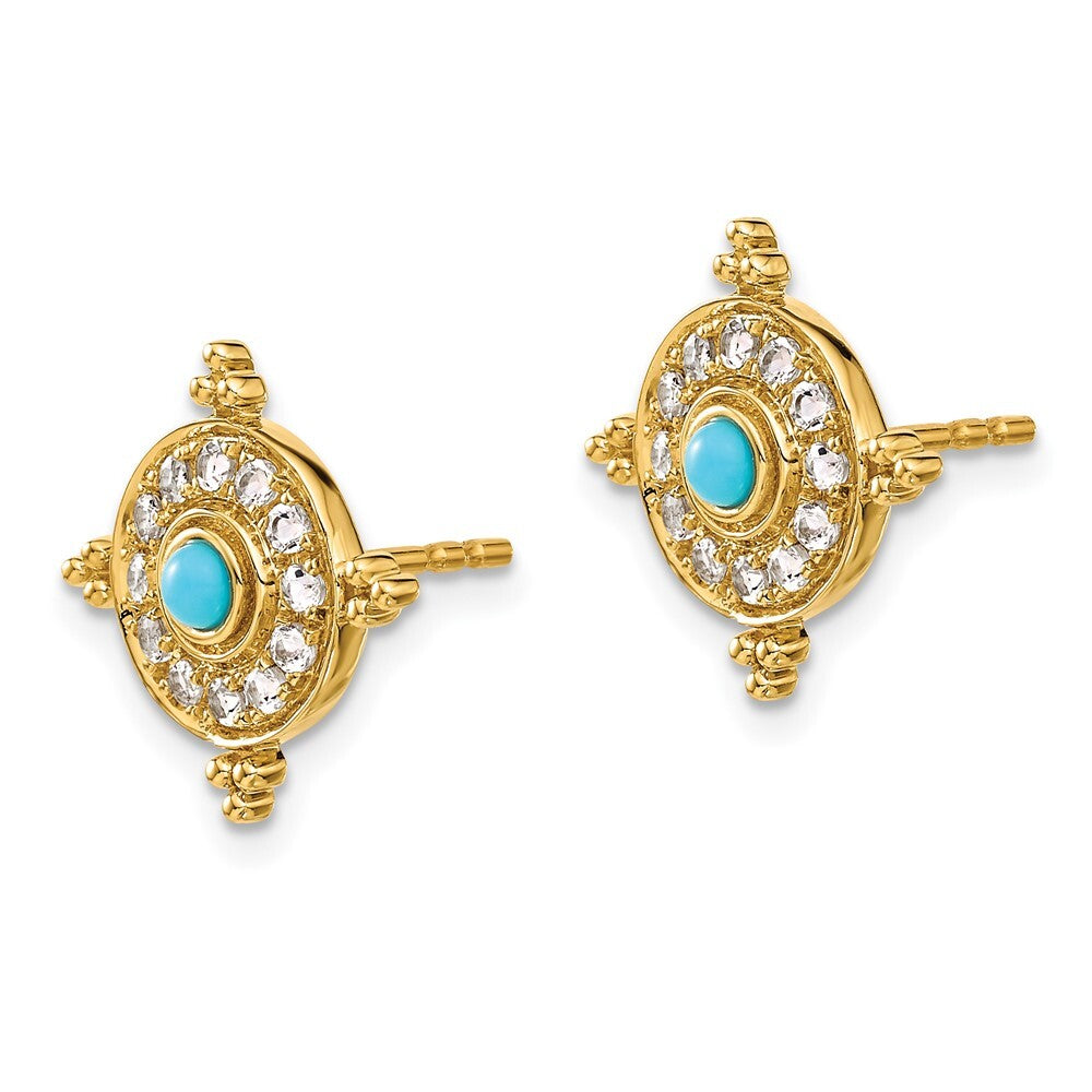 14k Yellow Gold Turquoise and White Topaz Stud Earrings