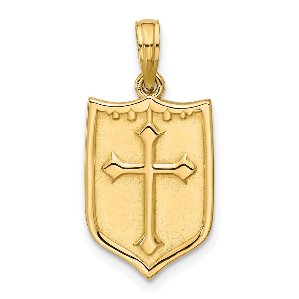 14k Yellow Gold Polished Shield with Cross Pendant for Women