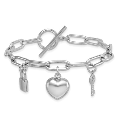 Sterling Silver Heart Lock and Key with CZ 7.5" Paperclip Chain Toggle Bracelet