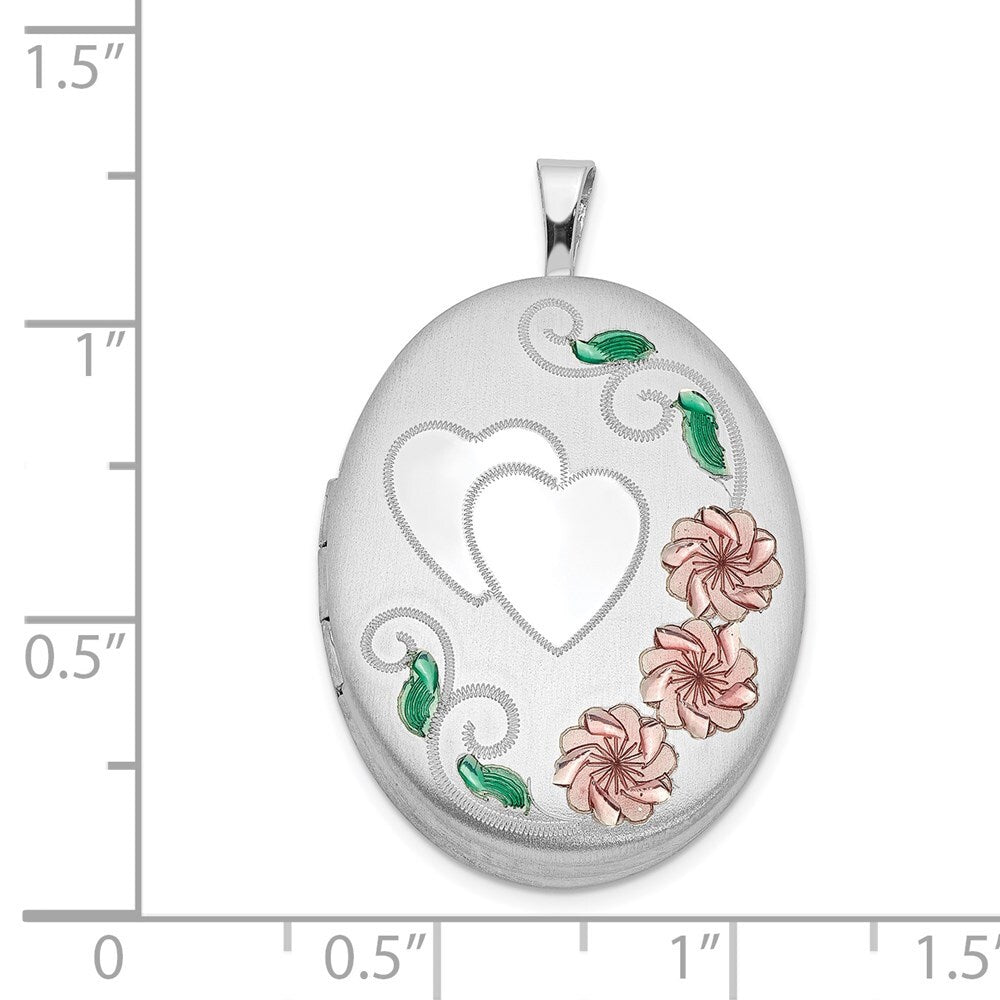 Sterling Silver Satin Enamel & Diamond-cut Floral & Heart Oval Locket