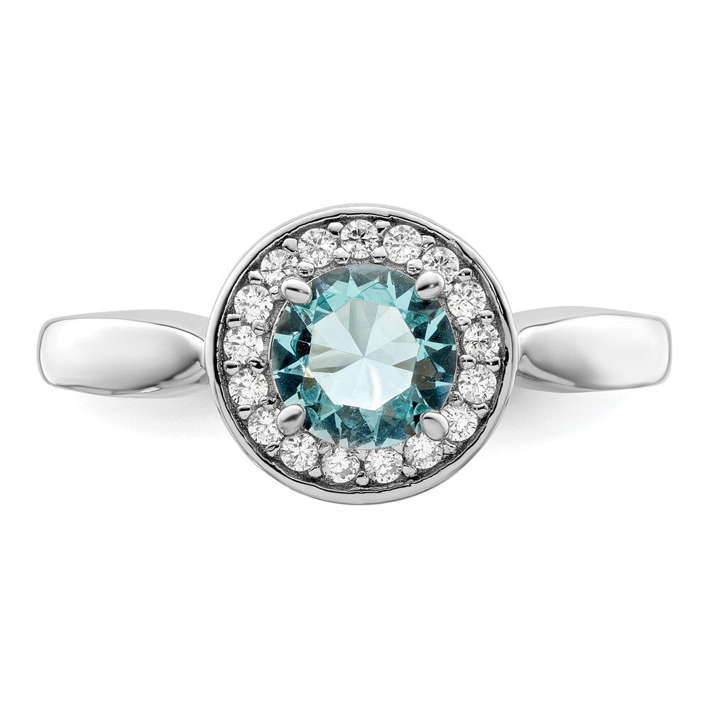 Sterling Silver Rhodium-plated CZ and Light Blue Glass Stone Ring Size 7