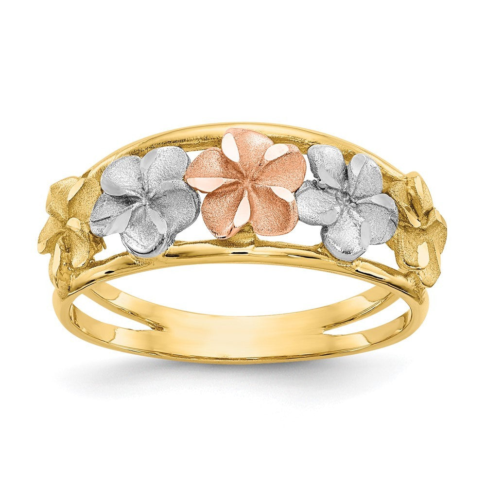 14K Two-tone Gold & Rhodium Satin Polished Diamond-Cut Flower Ring