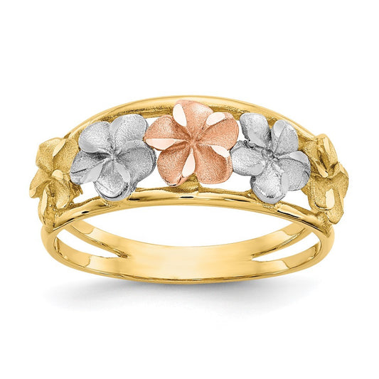 14K Two-tone Gold & Rhodium Satin Polished Diamond-Cut Flower Ring