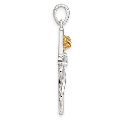 Sterling Silver Gold-tone Cubic Zirconia Cross with Rose Pendant