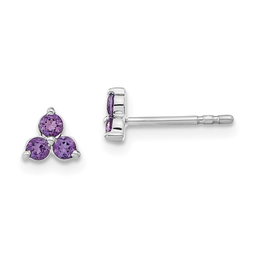 14k White Gold 3-stone Amethyst Triangle Stud Earrings Gift for Women