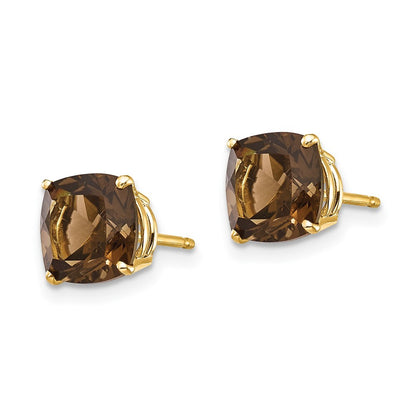 14k Yellow Gold 7mm Cushion Smoky Quartz Earrings Gift for Women