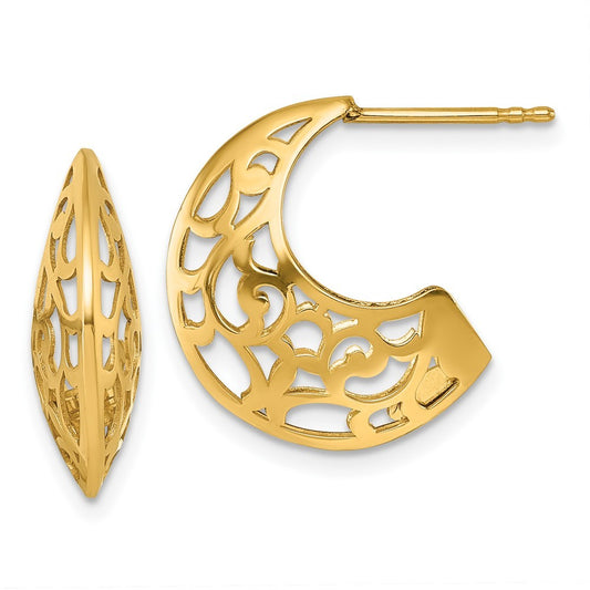 14k Yellow Gold Polished Fancy Cut Out Design J-Hoop Earrings