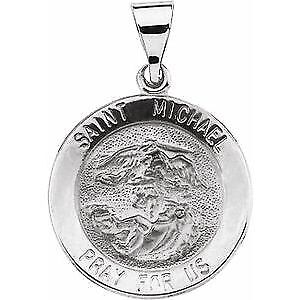 14k White Gold 18x18 mm Round Hollow St. Michael Medal Pendant