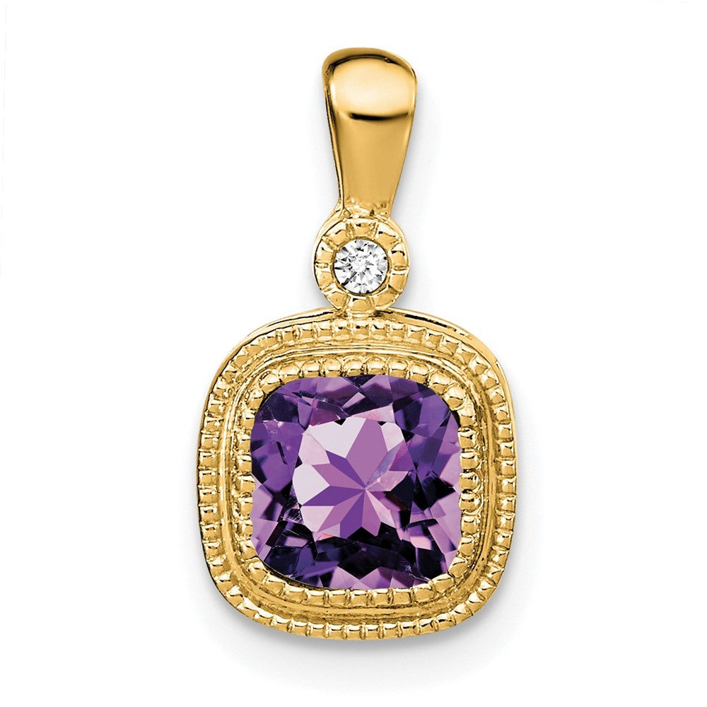 14k Yellow Gold 6mm Cushion Amethyst and Diamond Pendant