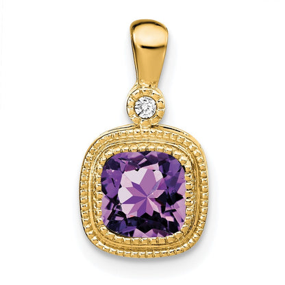 14k Yellow Gold 6mm Cushion Amethyst and Diamond Pendant