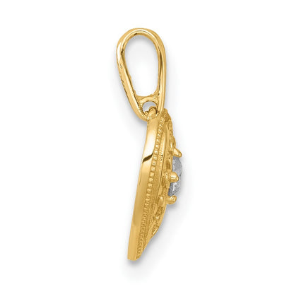 14k Yellow Gold Polished and Textured CZ Floral Heart Charm / Pendant