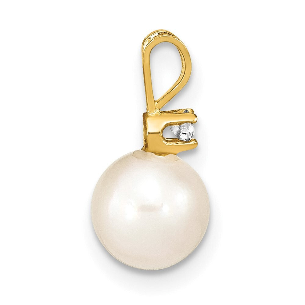 14k Yellow Gold 8mm White Akoya Saltwater Cultured Pearl 1/20 ct Diamond Pendant