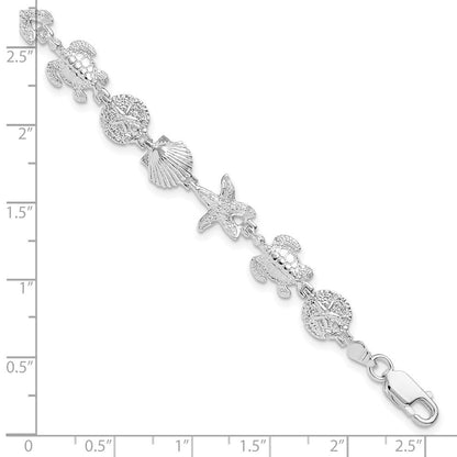 Sterling Silver Rhodium-plated Polished and Textured Sea Life 7.25 inch Bracelet