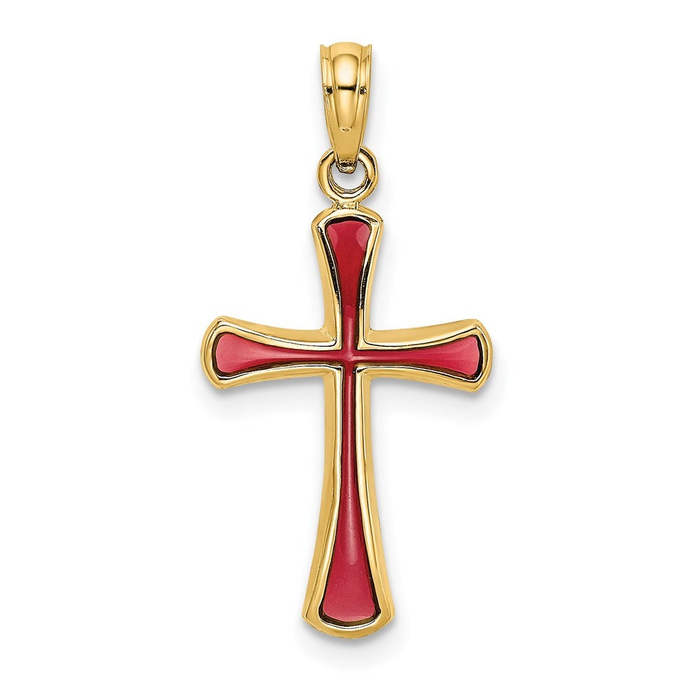 14k Yellow Gold Pink Enameled Tapered Cross Charm
