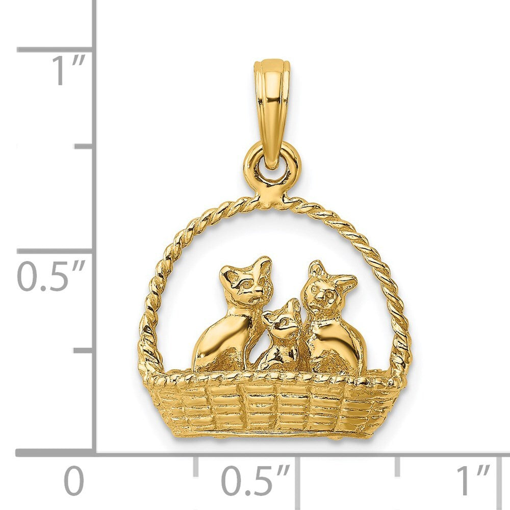 14k Yellow Gold 3-D Cats Inside Of Basket Charm Pendant for Women