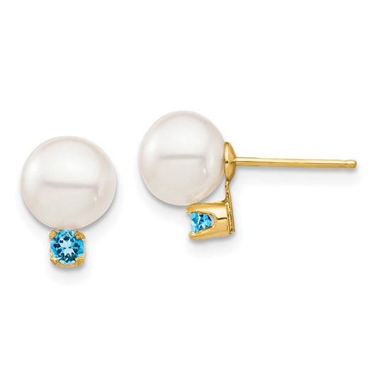 14k Yellow Gold 7-7.5mm Cultured Pearl & Swiss Blue Topaz Stud Earrings